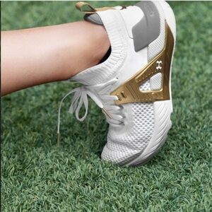 Under Armour Project Rock 4 white gold sneakers women 10 performance casual
